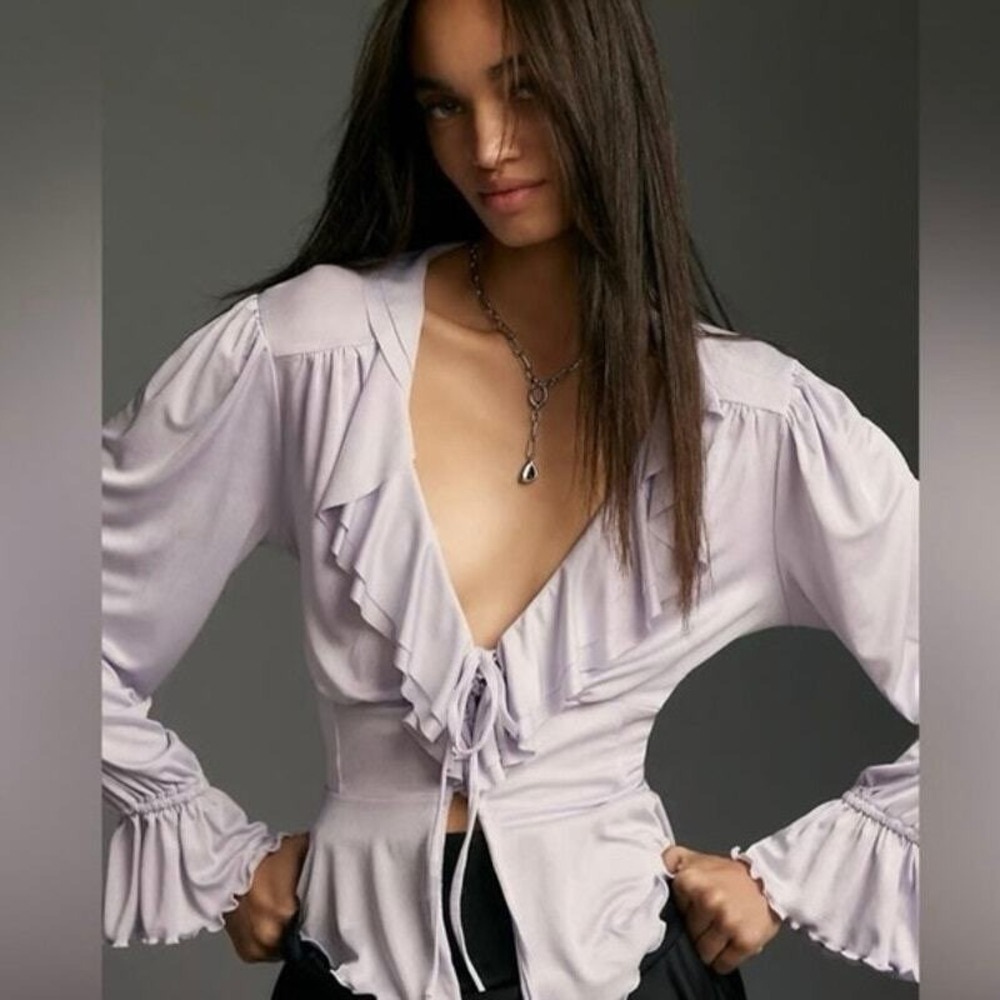 By Anthropologie Tie Front Blouse Lavender Purple Long Sleeve Blouse Size Large